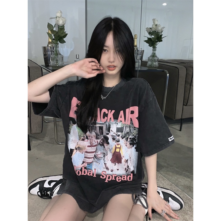 kaos atasan wanita/american vintage print kaos/korean style oversize letter printing t-shirt/kaos hitam