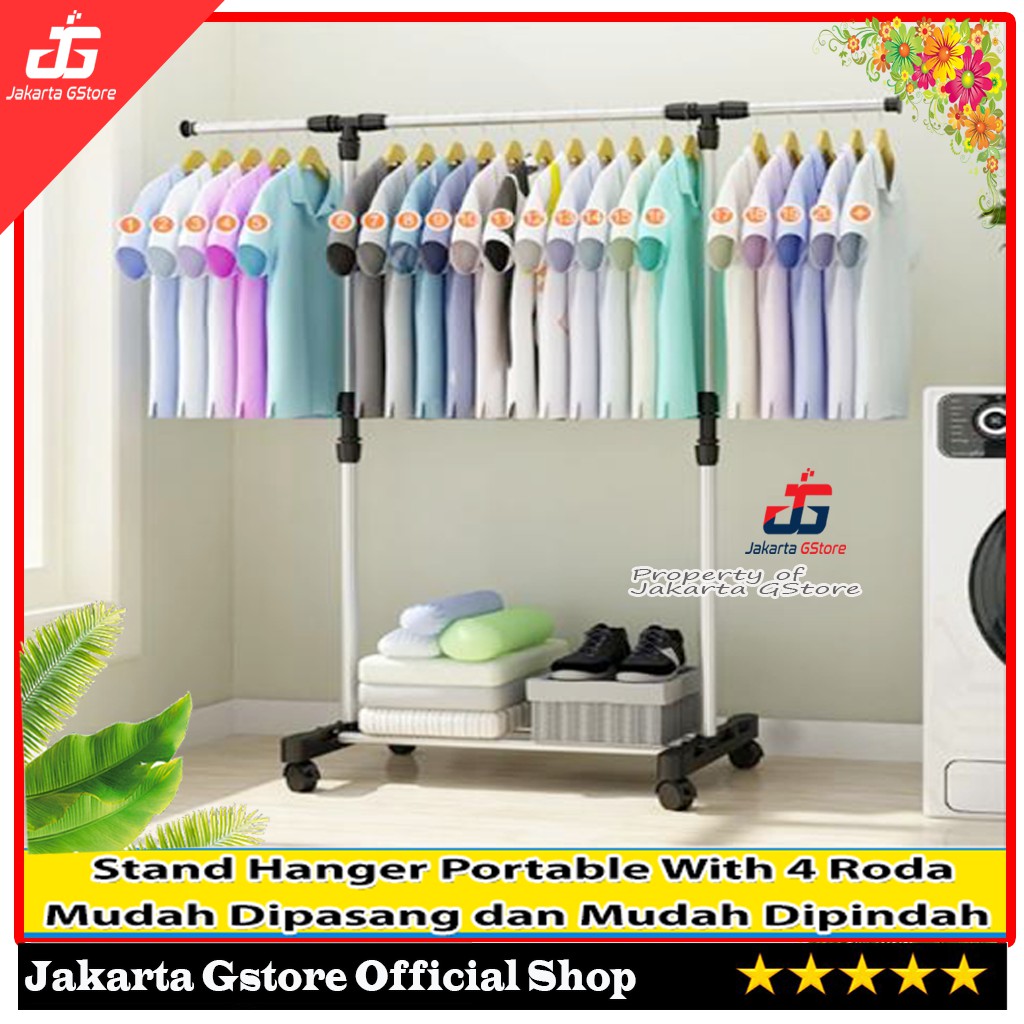 Jual Stand Hanger Gantungan Baju Ada 4 Roda Rak Gantungan Baju Display Pakaian Model Berdiri 3824