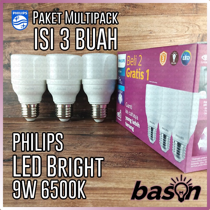 PHILIPS LED Bright 9W Multipack - isi 3 buah Bohlam Lampu LED E27