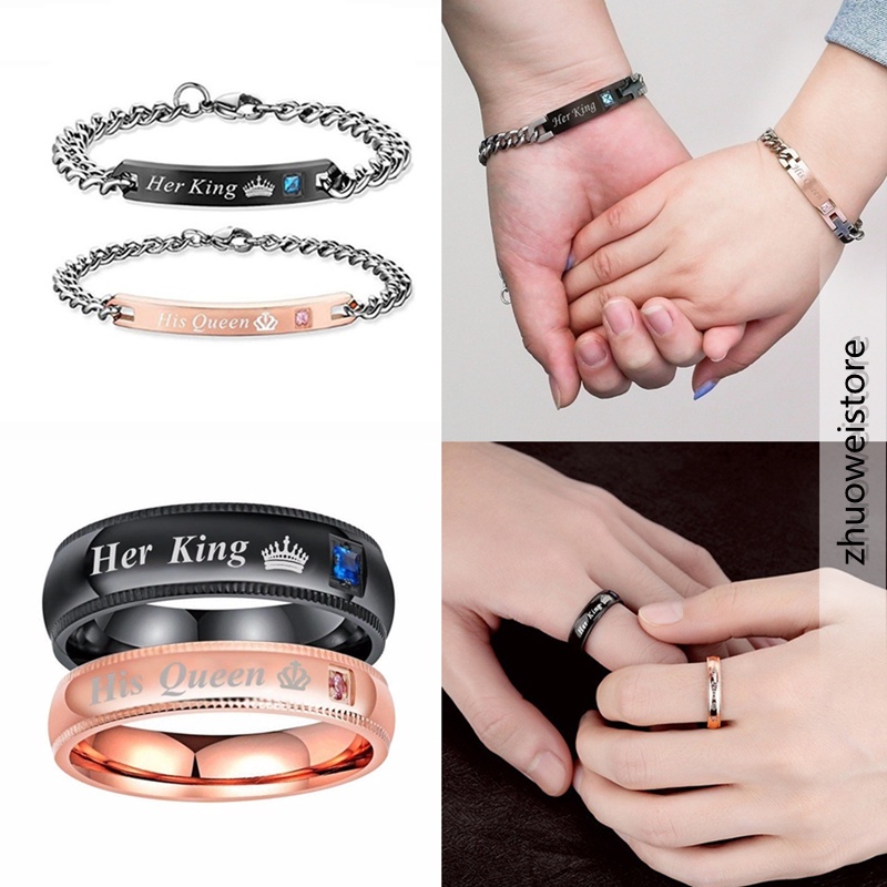 4pcs / set Gelang Cincin Pasangan Bahan stainless steel Desain His Queen / Her King Untuk Hadiah