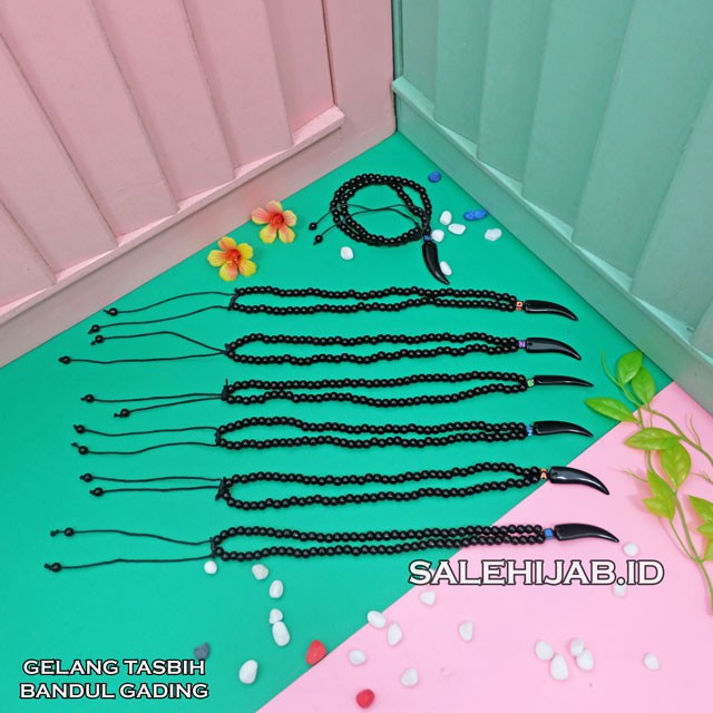 Kalung Tasbih Batu Hitam Limbad Bandul Gading Untuk Pria Wanita