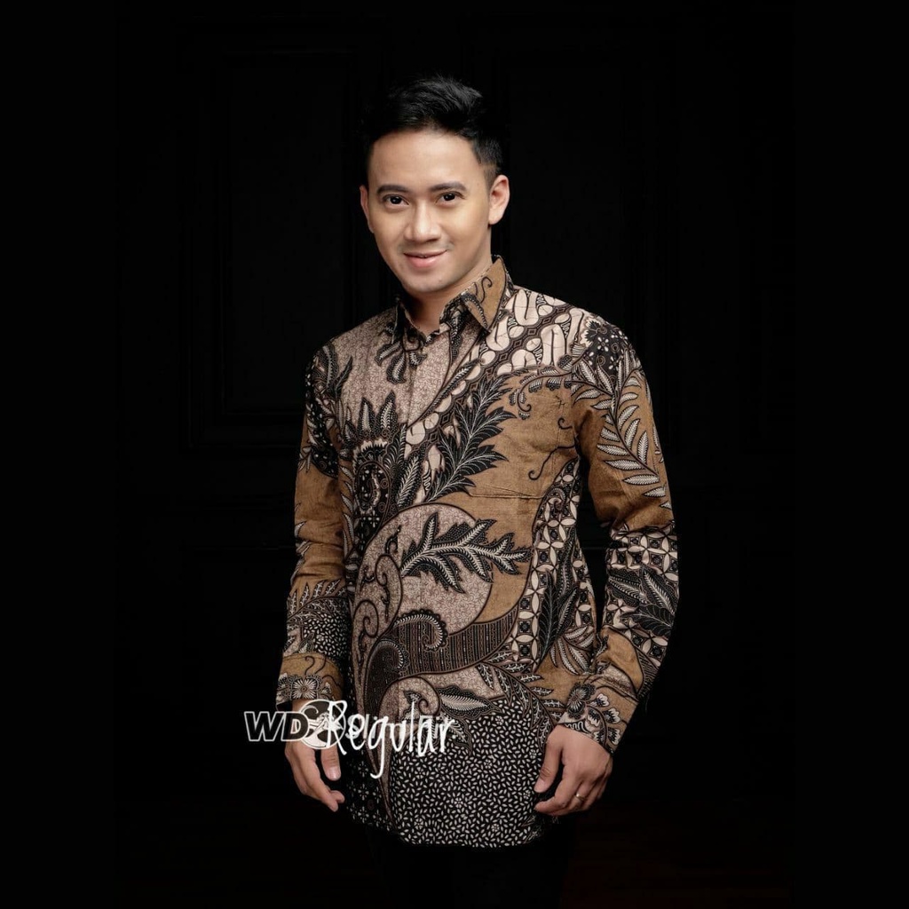 Atasan Batik Pria Lengan Panjang Kenongo Hem Padi Pekalongan M L XL-KMJ-PADI COKLAT