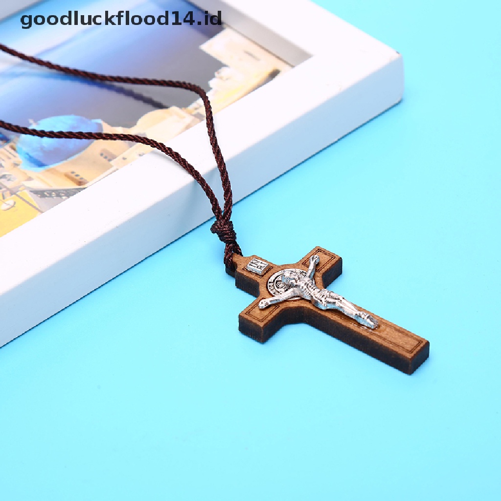 [OOID] Retro Jesus Cross Necklace Wood Metal Pendant Jewelry Charm Necklace Gift ID