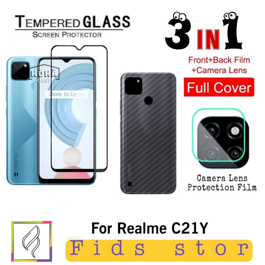 PROMO 3in1 Tempered Glass REALME C21Y Free Anti Gores CAMERA &amp; GARSKIN Carbon