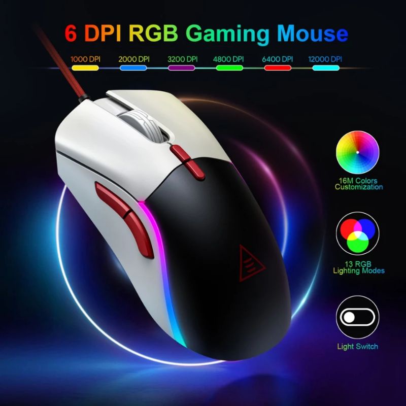 EKSA EM200 RGB Gaming Mouse Gamer 12000DPI USB Wired Programmable Gaming Mice 7 Buttons Tunable weights for PC with Spare cover