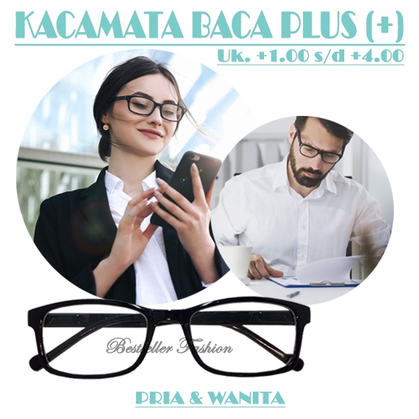 Kacamata Baca Plus (+) Uk. +1.00 s/d +4.00 Bingkai Hitam Persegi Panjang Kacamata Full Plus Rabun Dekat Unisex NOCASE