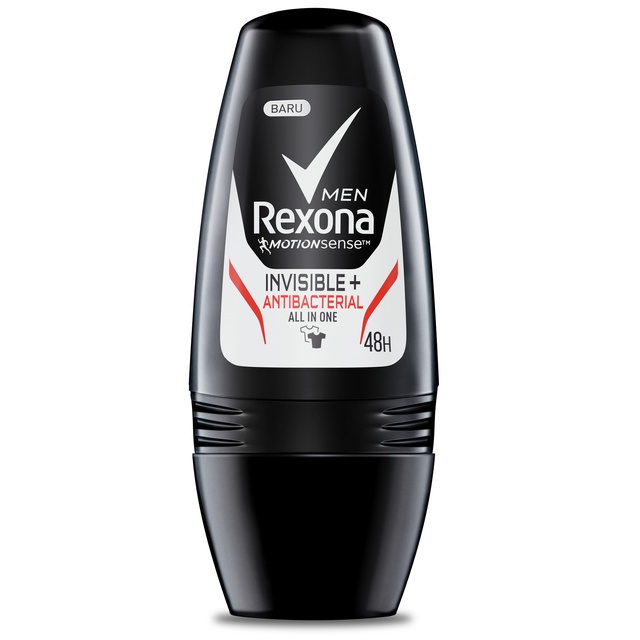 Rexona Men Deodorant Roll On Antiperspirant Invisible + Antibacterial Perlindungan Antibakteri Dan Noda 45 Ml