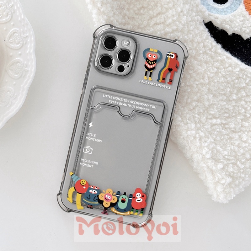 Soft Case Tpu Transparan Shockproof Kartun Monster Kecil Holder Kartu Kredit Untuk Iphone 6 6s 7 8 Plus 11 12 13 Pro Max Xr X Se 2020 Xs Max