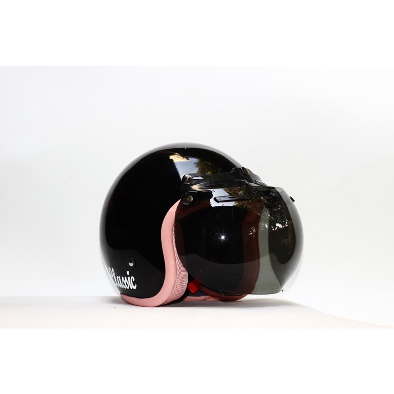 (BISA BAYAR DI TEMPAT)Helm bogo retro pria dan wanita hijab classic original sni trendy list pink hitam glossy list pink kaca datar (BISA COD)-HG PINK KCH