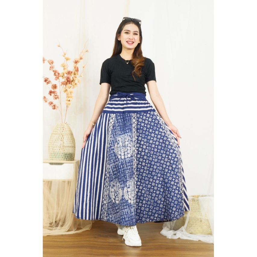 Rok Batik Cap Indigo Motif Seling Biru Kombinasi Bawahan Formal Wanita Casual Kantoran Katun Premium