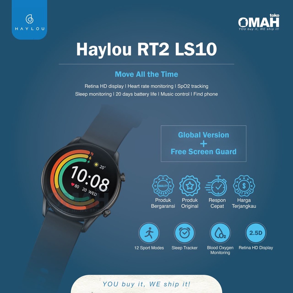 Haylou RT2 LS10 Smartwatch IP68 Sport SpO2 Smart Watch HD Display Original Garansi Resmi Jam Tangan Pintar