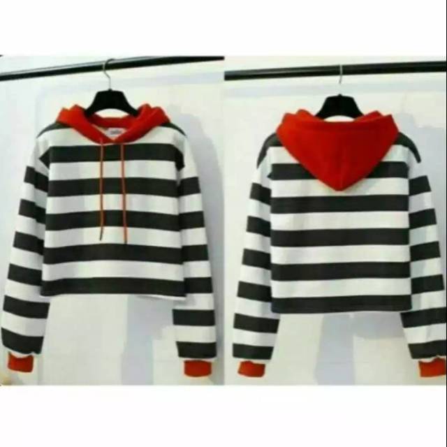 Happy Shopping Fashion Sweater Crop Hoodie Salur Kombi Topi Merah Sweater Stevi