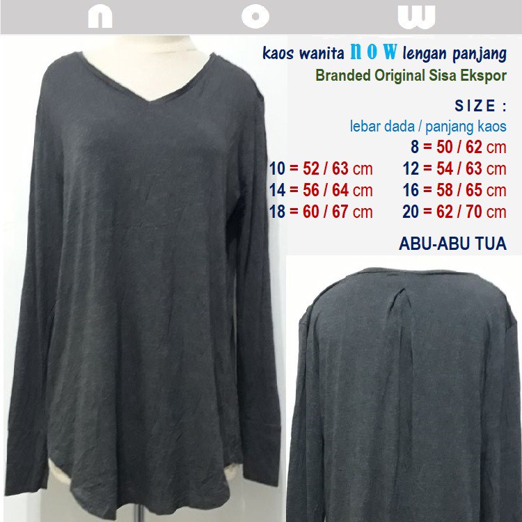 Kaos Wanita NOW - Lengan Panjang - Branded Original Sisa Ekspor - Abu-abu Tua