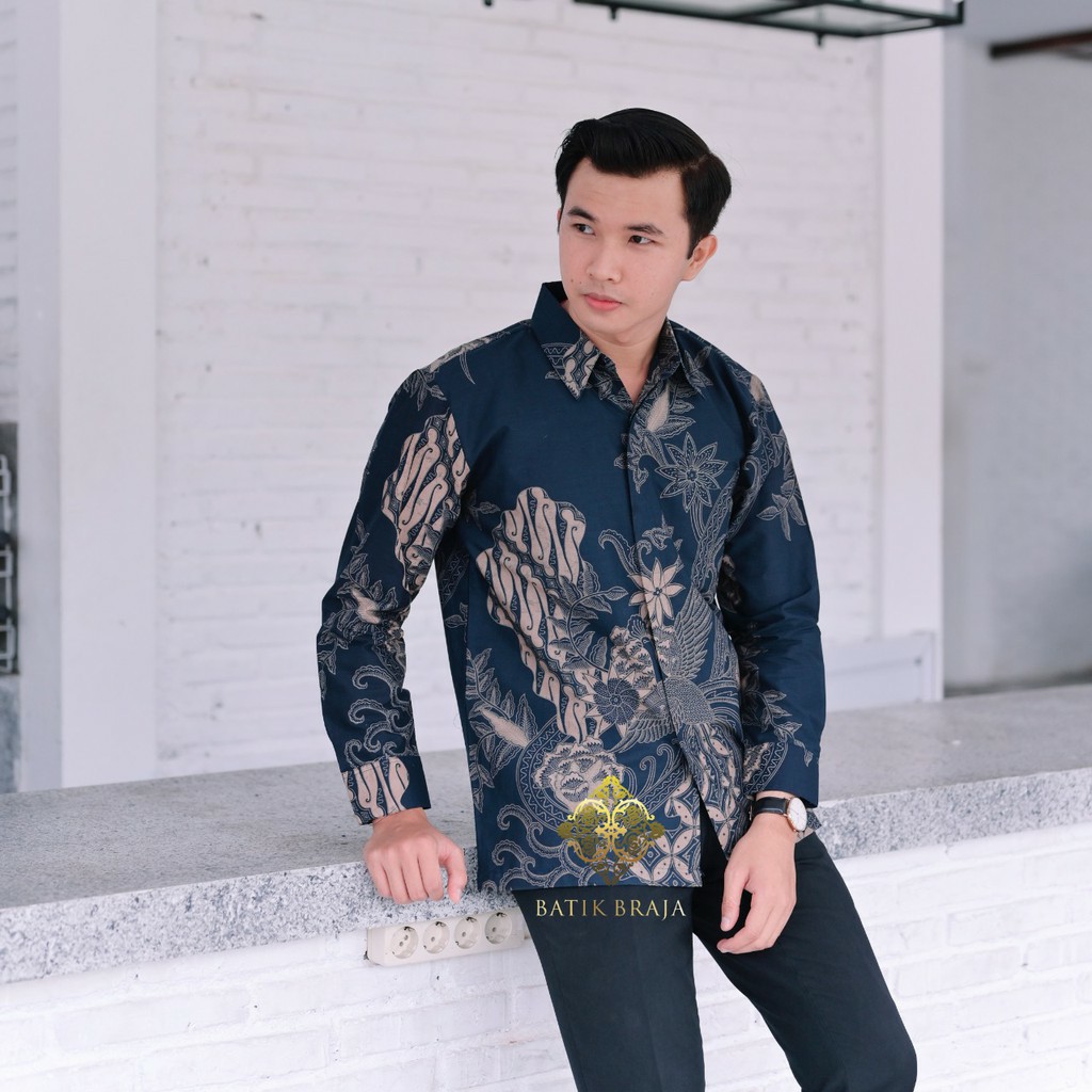 batik pria lengan panjang modern navy terbaru kemeja batik premium