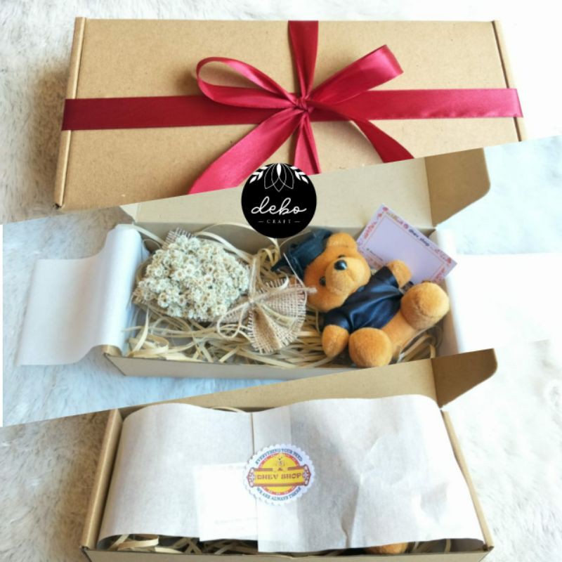 Boneka Wisuda Teddybear dan Buket Mini Goni Rustic dengan Box K.ado Premium Quality