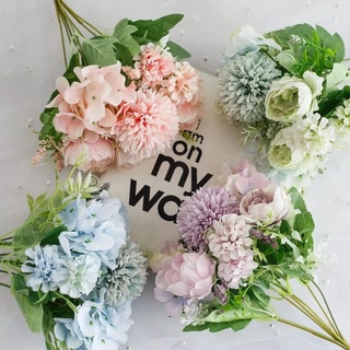 Image of B063 Buket Bunga Mix Nordic Krisan Dandelion Hydrangea Tea Rose Peony Mawar bulat Artificial bunga hias plastik palsu imitasi buatan kain dekorasi seserahan hantaran mahar pesta pernikahan kamar tidur rumah ruangan cafe
