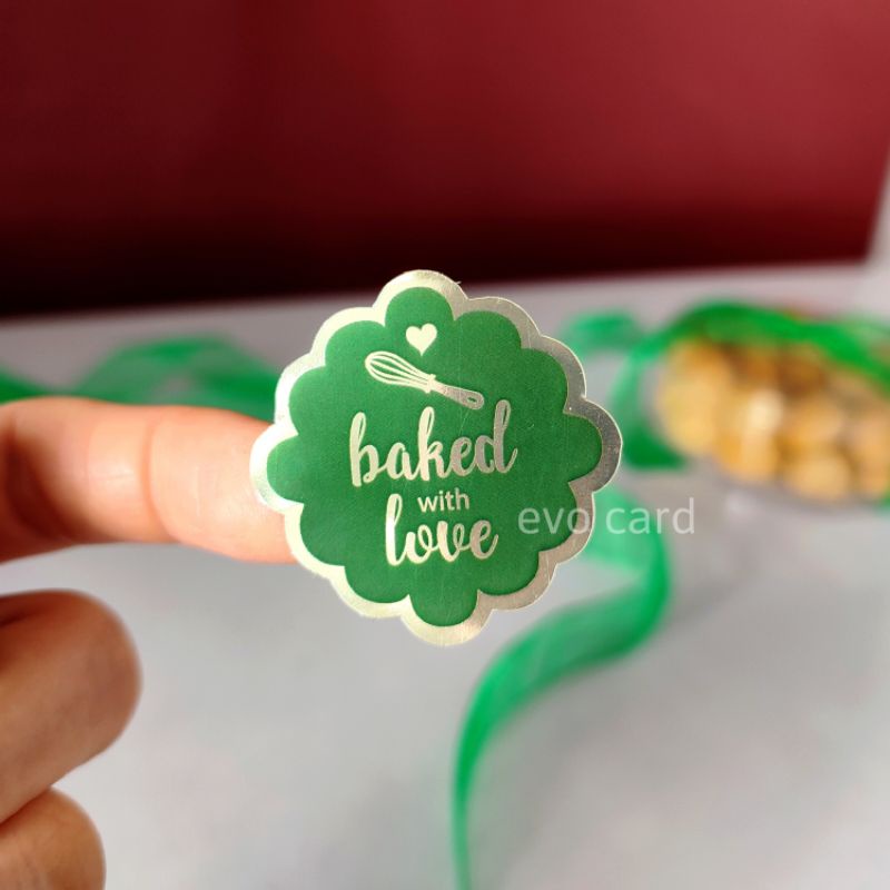 

Sticker label produk makanan baked with love | warna hijau tulisan gold unik | stiker kue kering