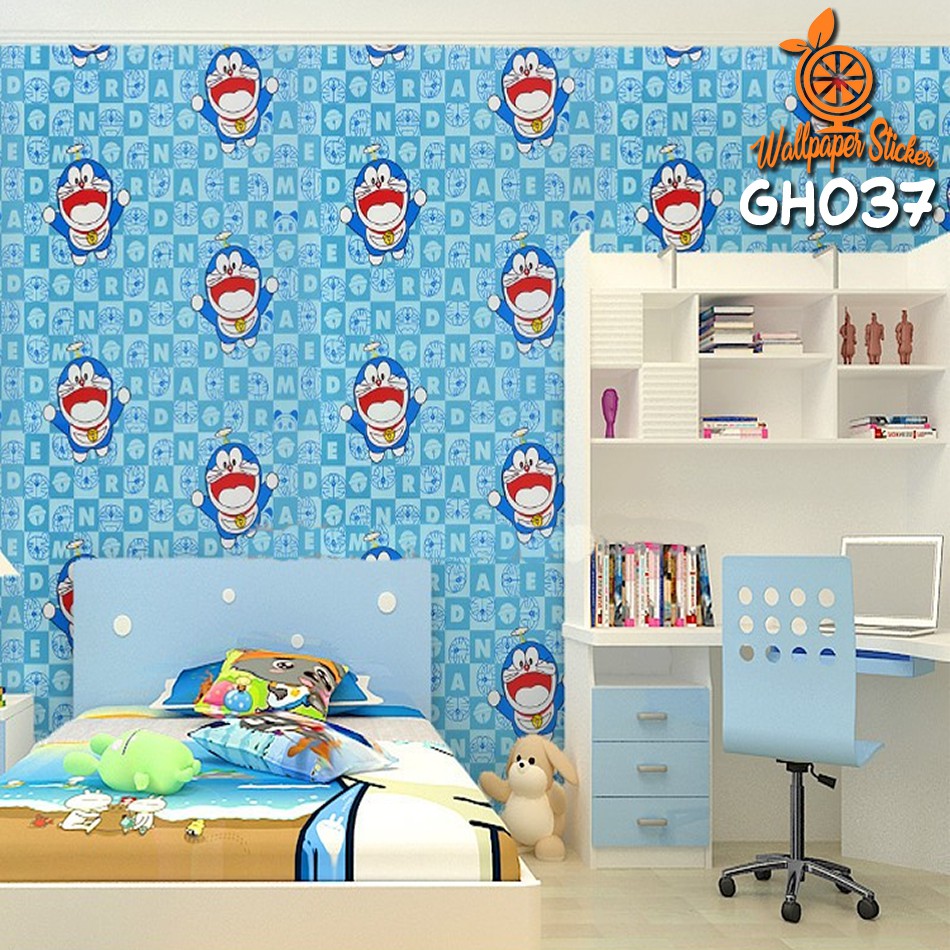 Wallpaper Stiker Dinding Motif karakter doraemon dan hello kitty wallpaper 3D 9meter high quality