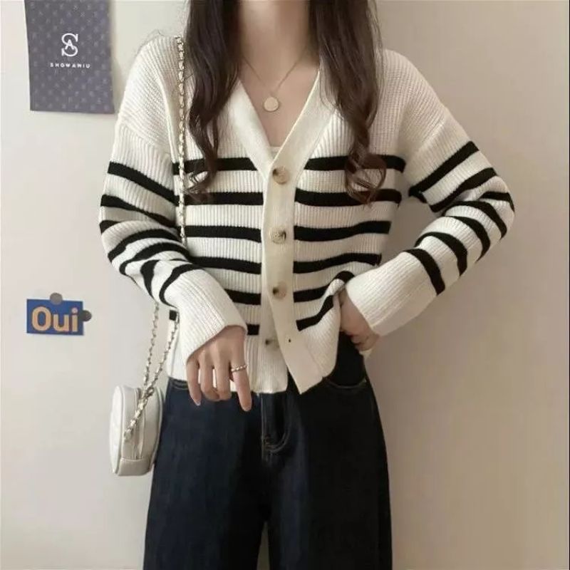 Atasan Rajut Wanita Cardigan Strip-Cancing