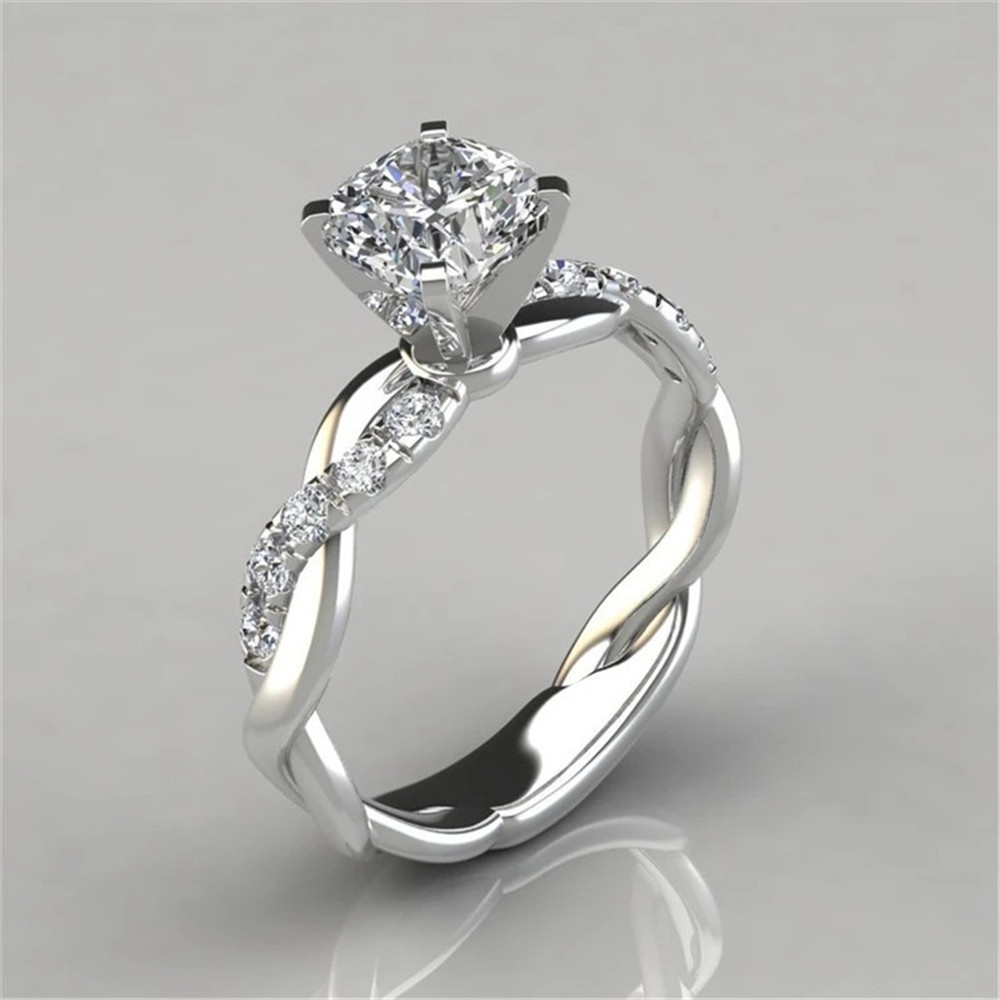 【COD Tangding】6-10 Size Three Color Princess Square Diamond Ring Cross Twist Diamond Set Ring