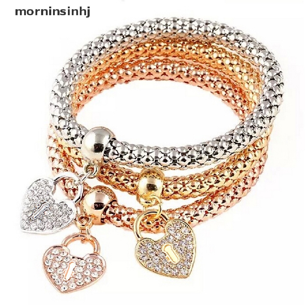 Mornin 3pcsset Gelang Bangle Elastis Dengan Charm Hati Aksen Berlian Imitasi Untuk Wanita