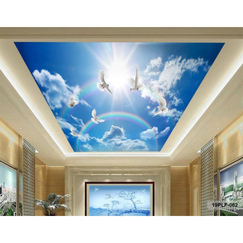 Wallpaper 3D Custom Plafon Langit Awan Biru Pelangi Merpati Putih (19PLF-062)