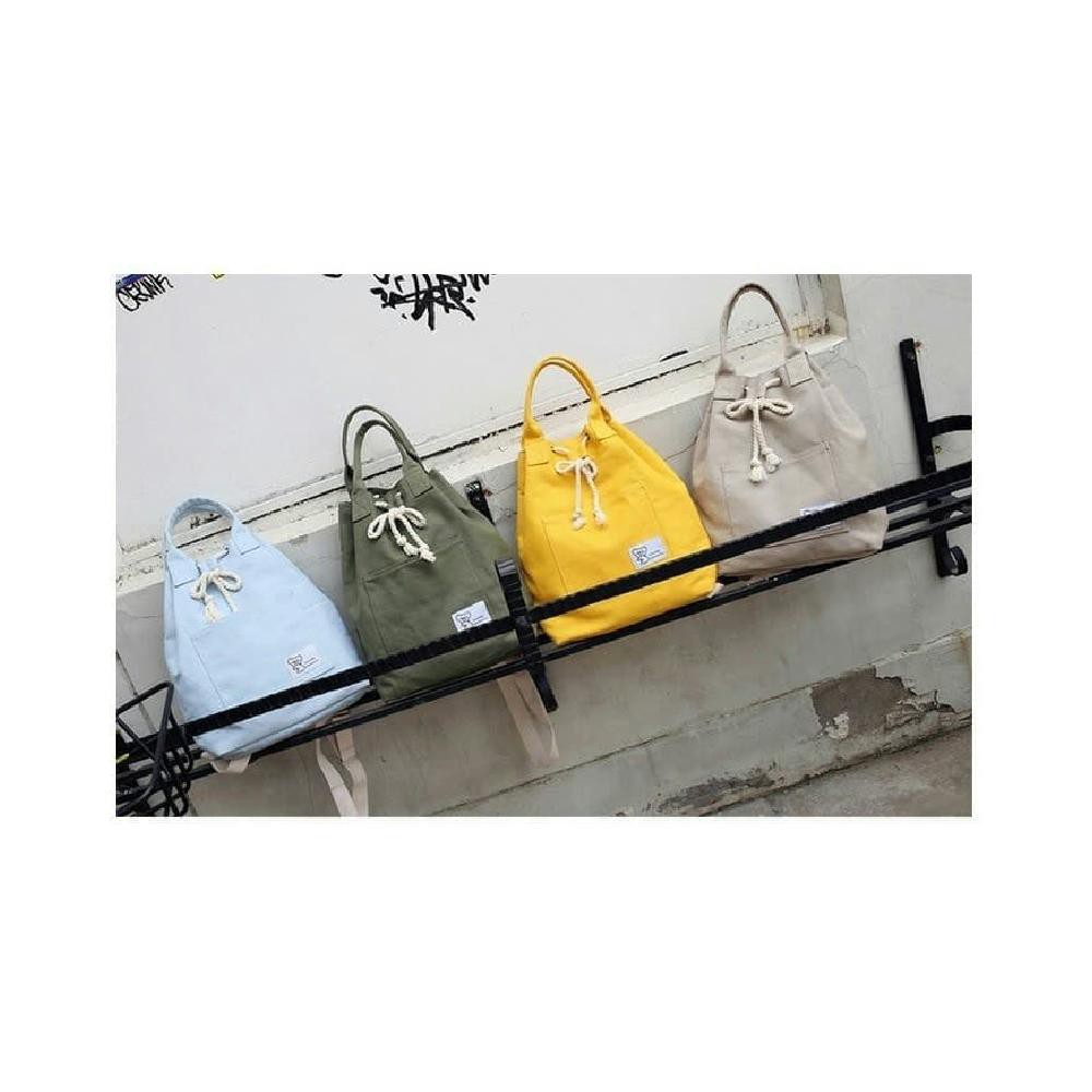 Backpack Tas ransel serut kanvas wanita 2 way - tote bag canvas import - Abu-abu Muda