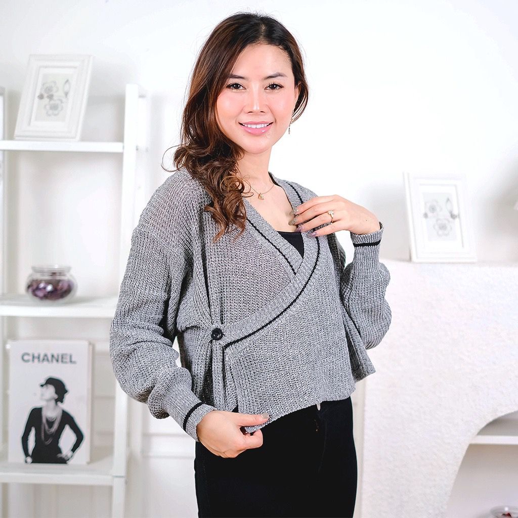 Belleza Outlet baju rajut Cardigan rajut atasan wanita Kimono Knit Twist Crop