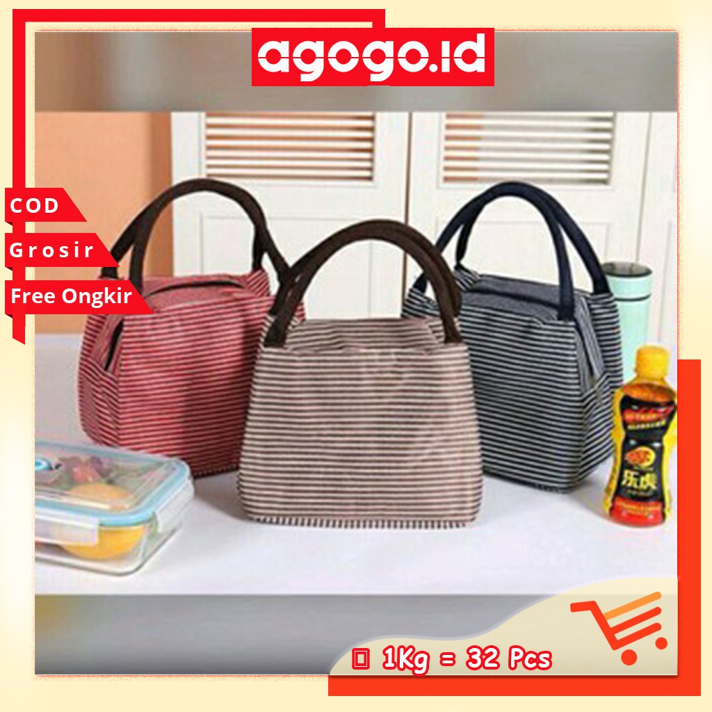 AGG-232 Tas Bekal Motif SALUR Lunch Cooler Bag Salur Garis Tempat Penyimpanan Makanan Bekal Impor