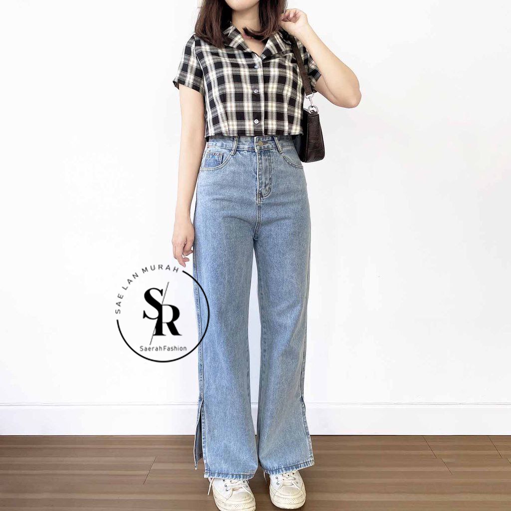 Highwaist Kulot Jeans wanita Belah - Saerah Fashion