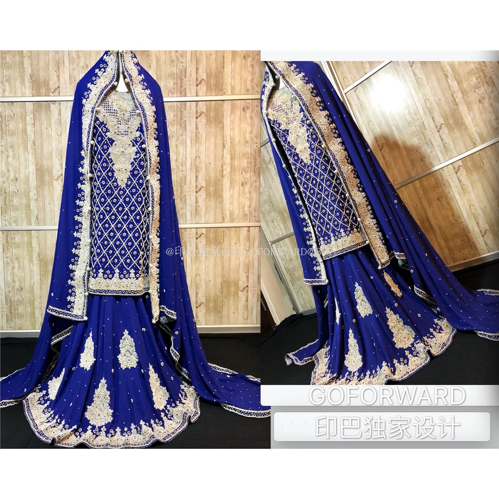 ┋✆Gaun pengantin muslim indonesia 2021 new blue wedding bridal wedding dress full handmade diamond b