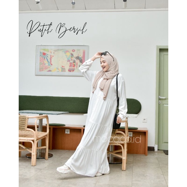 Dress Polos Putih bersih katun rayon twill model rufle babydoll susun ootd hijab busui kancing