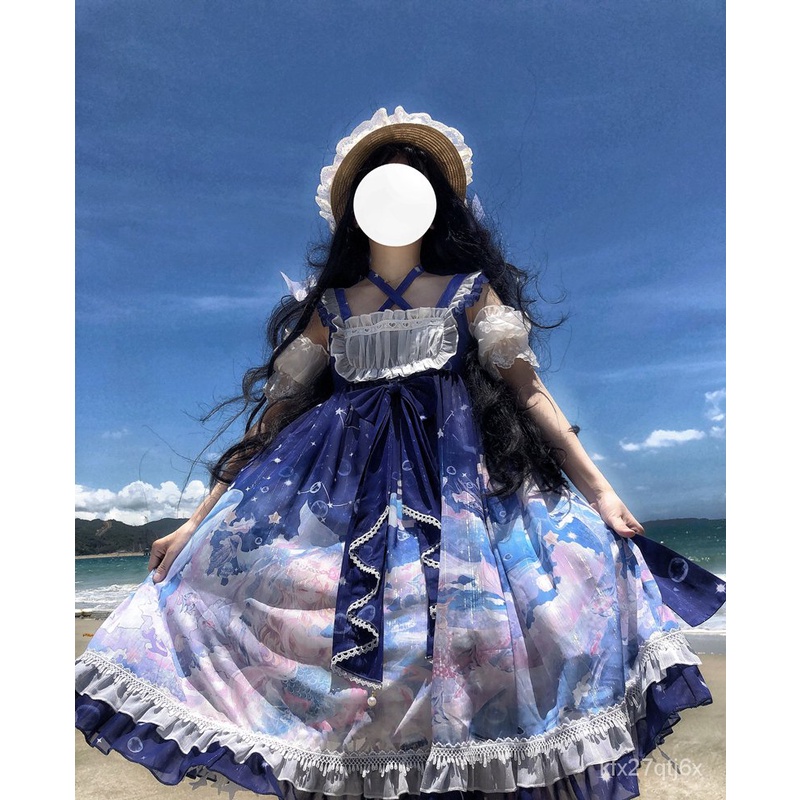 Japanese Sweet Kawaii JSK Lolita Dress Mackerel Star Sea Suspender Jsk Dress Summer Cute Lolita Dres