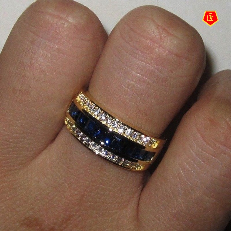 [Ready Stock]Full Diamond Sapphire Square Diamond Ring 18K Gold Flash Diamond