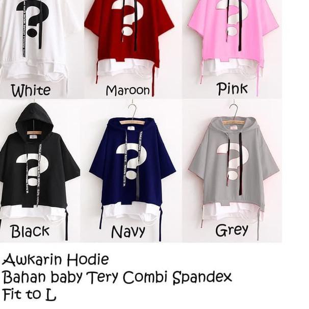 ☁ AWKARIN HOODIE PINK BAJU ATASAN SWEATER WANITA LENGAN 3/4 PAKAIAN - Putih ➭