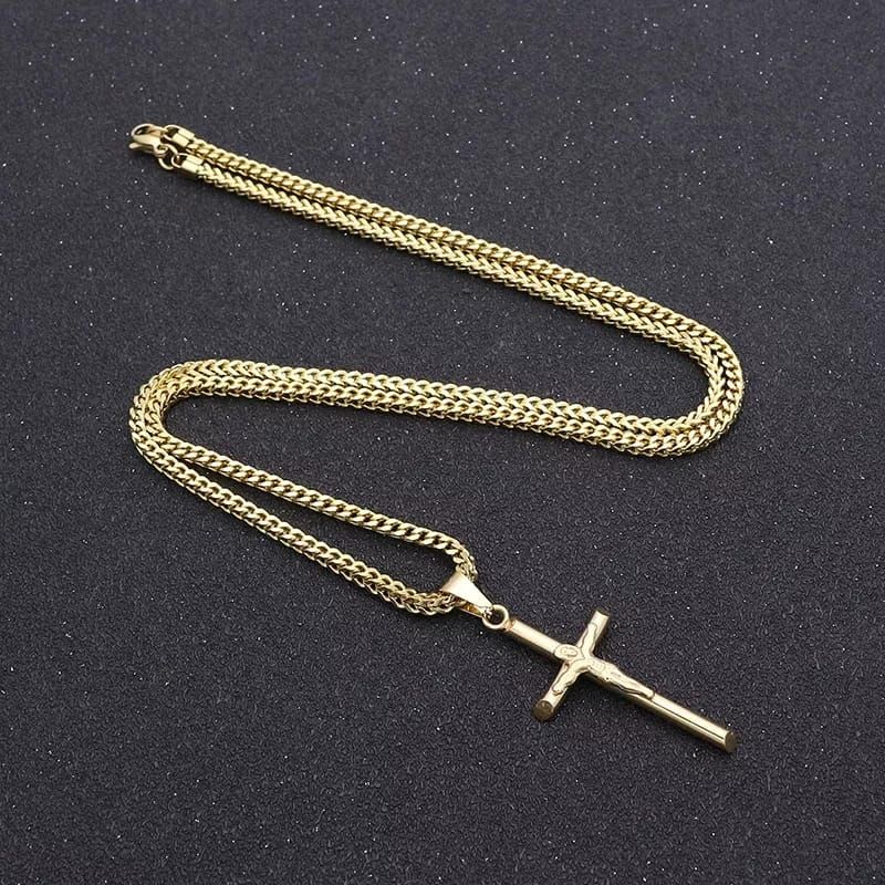 Kalung Salib Yesus Rantai Titanium Warna Emas dan Silver