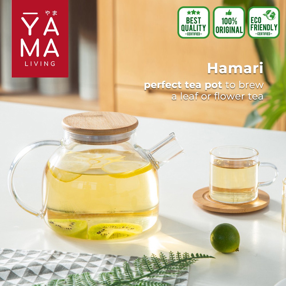 YAMA HAMARI Natural Wood Tea Pot Infuser Teko Teh Kaca Bamboo Teapot Pitcher Teh 1000 ml