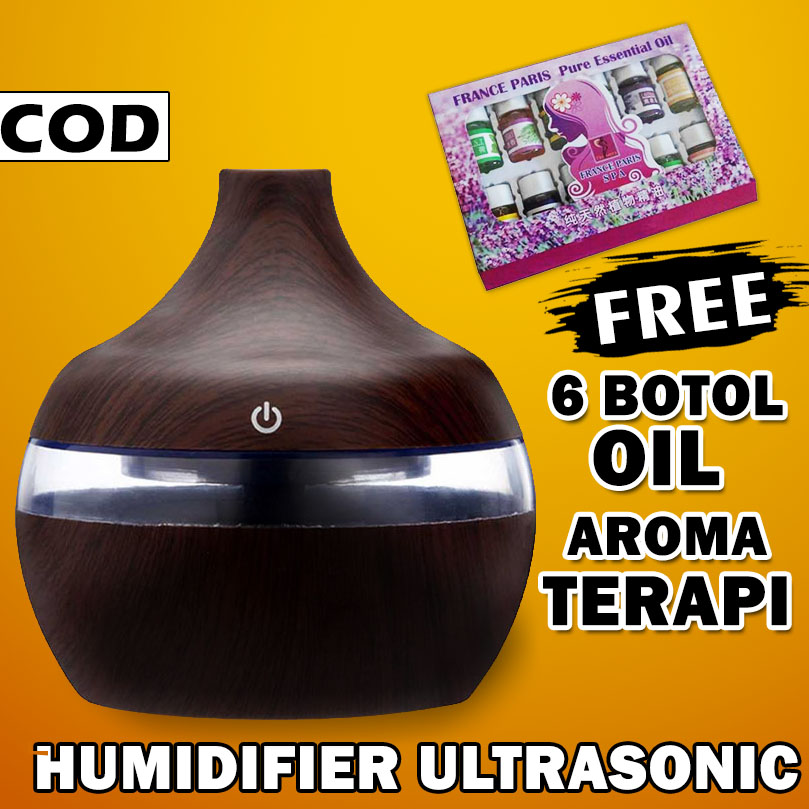 Humidifier Diffuser Aromaterapi Aromatherapy Disfuser Ultrasonic desain kayu Pengharum ruangan 300 ml-Coklat Tua + 6 oil