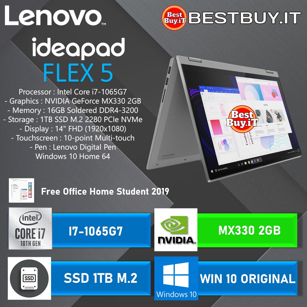 LENOVO IDEAPAD FLEX 5 - I7-1065G7 16GB 1TB MX330 2GB 14" FHD W10 TOUCH