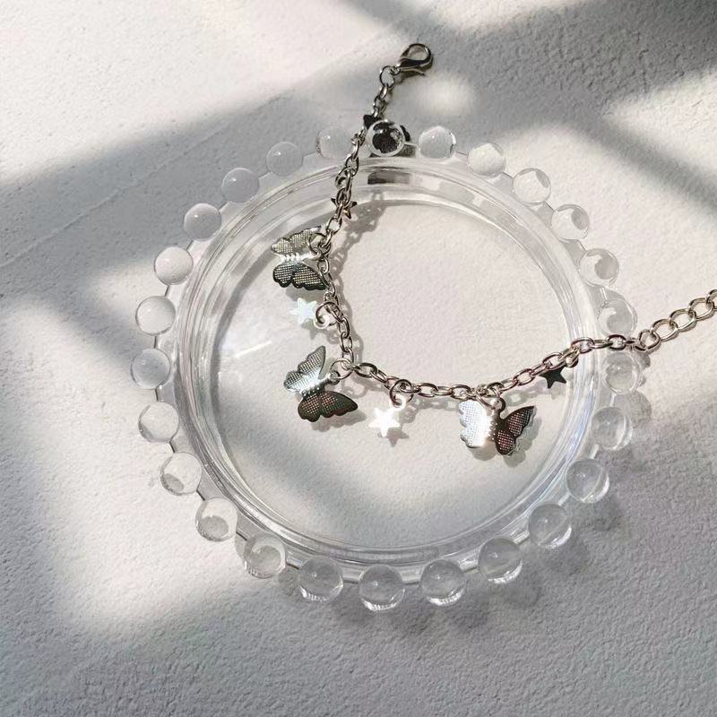 Gelang Liontin Bintang Kupu-kupu Lapisan Tunggal Baja Titanium Perak Perhiasan Fashion Wanita Rantai Bracelet