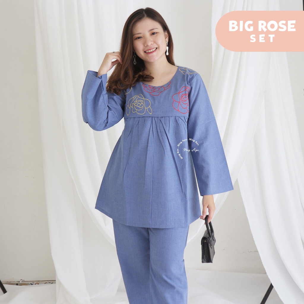 NING AYU Setelan Baju Hamil Kantor Muslim Bordir Big Rose SET - STJ 118