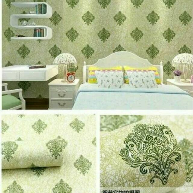 wallpaper dinding motif batik gold hijau minimalis