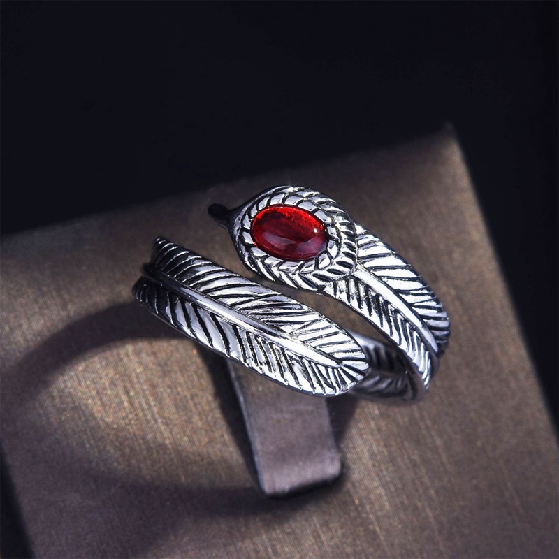 Fancyqube Fancycube Cincin Sterling Silver 925 Bentuk Bulu Aksen Ruby Handmade