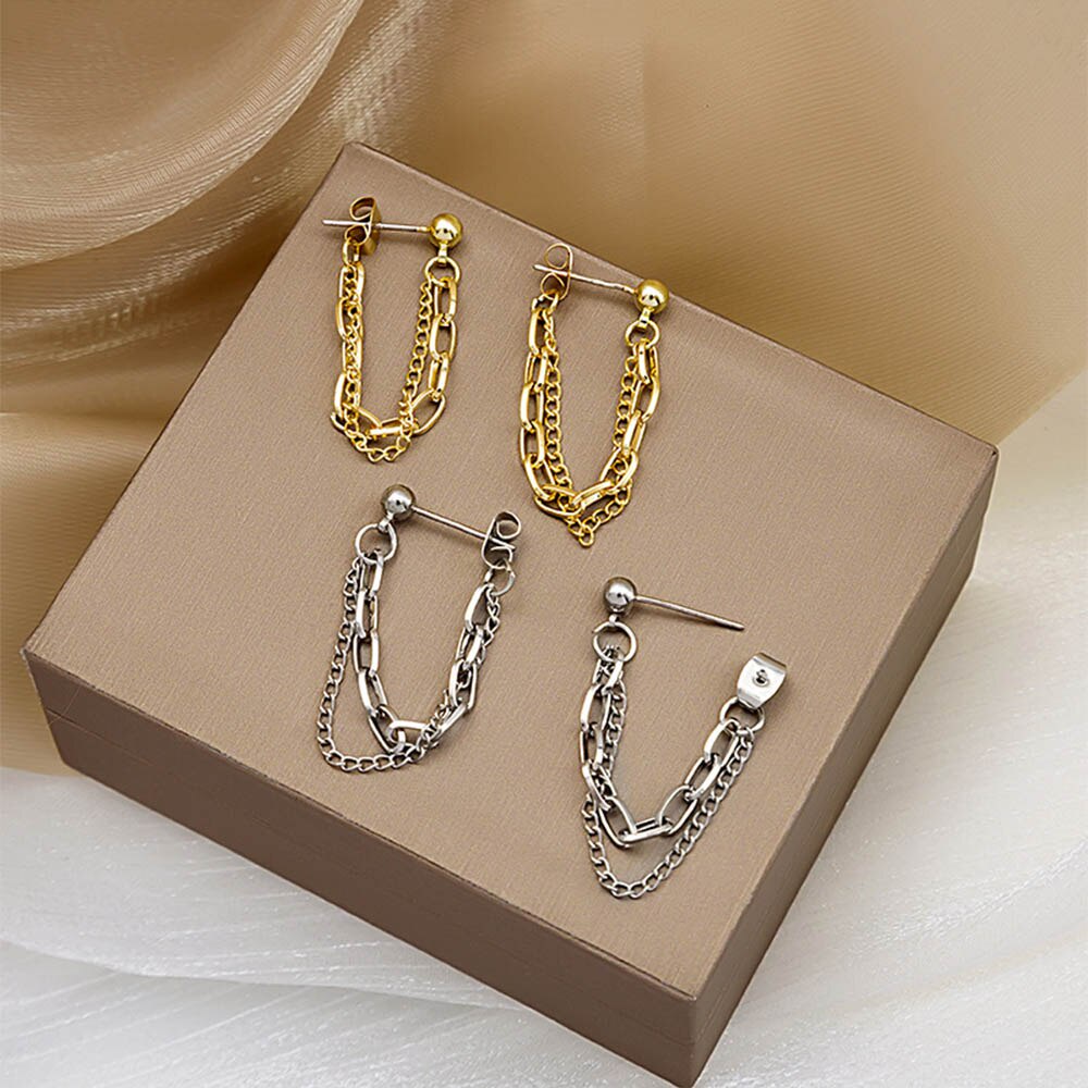 Anting Stud Rantai Panjang Bahan Logam Warna Emas Perak Untuk Wanita