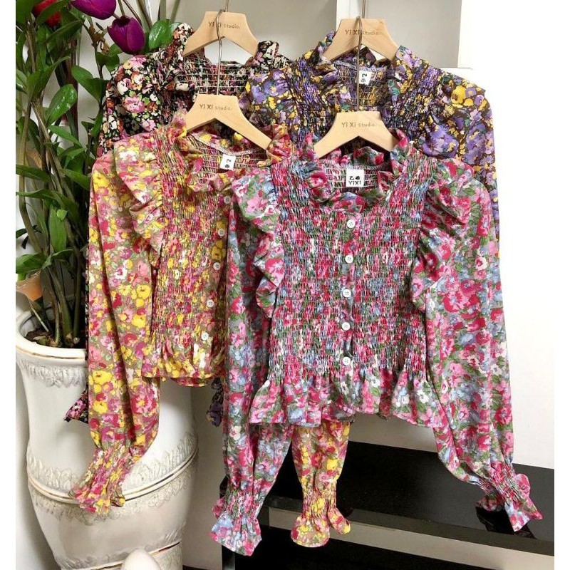 Baju atasan wanita blouse smoked ruffle lengan serut moscrepe impor merk yixi (kode 8692)