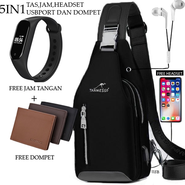 TANMESSO 5in1 BAYAR DITEMPAT- JAM LED -HEADSET- DOMPET -USBPORT -TAS WATERPROOF-BAHAN INTERPILAR SENDIRI LEMBUT DAN TEBAL MENGANDUNG 70%COTTON BUKAN PARASUT ATAU KANVAS SEPERTI YANG BEREDAR DIPASARAN-TAS SELEMPANG PRIA-SLING BAG PRIA