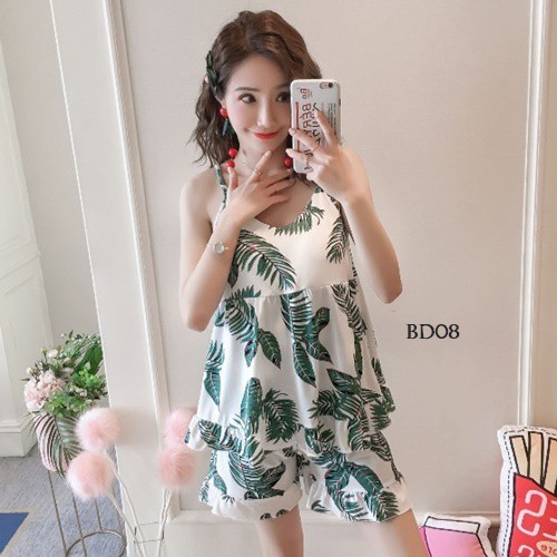 [SIAP KIRIM] SLEEP WEAR BAJU TIDUR IMPORT PIYAMA KOREA BABYDOLL PUTIH MOTIF DAUN BD08