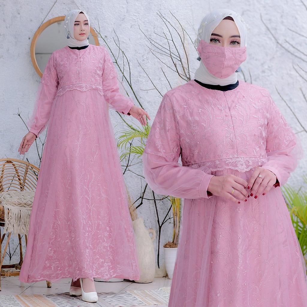 (Free Masker Brukat) SELVINA Gamis Terbaru Busui Satin mix Brukat Tile Mutiara Kombinasi / Maxi Dress Wanita Size S-M, L , XL, XXL / Gamis Pesta / Gamis Kondangan