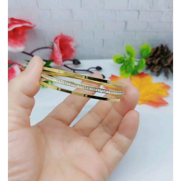 Gelang tangan titanium / gelang permata set 3 pcs