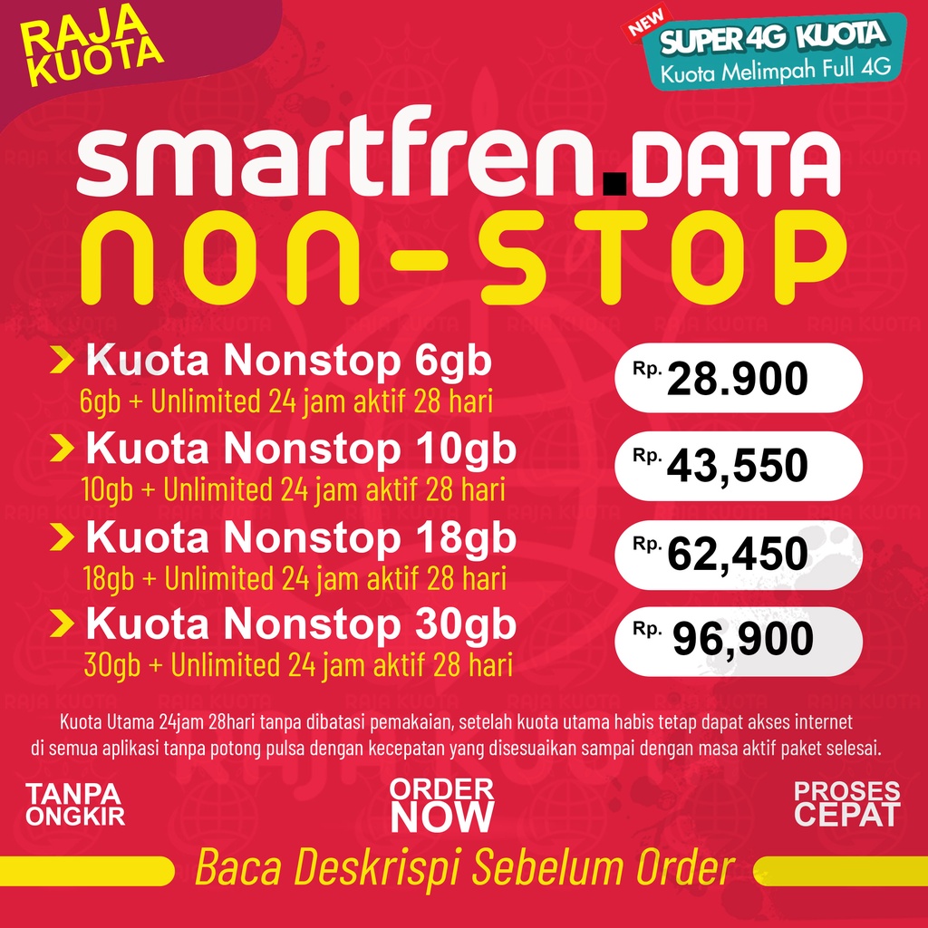 Kuota Data Smartfren NONSTOP UNLIMITED 6GB 10GB 18GB 30GB Inject Dan Voucher